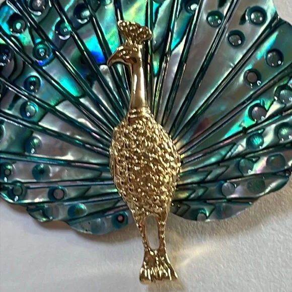 Vintage Abalone Shell "Sea Opal" Gold Plated Peacock Brooch - Picture 3 of 5